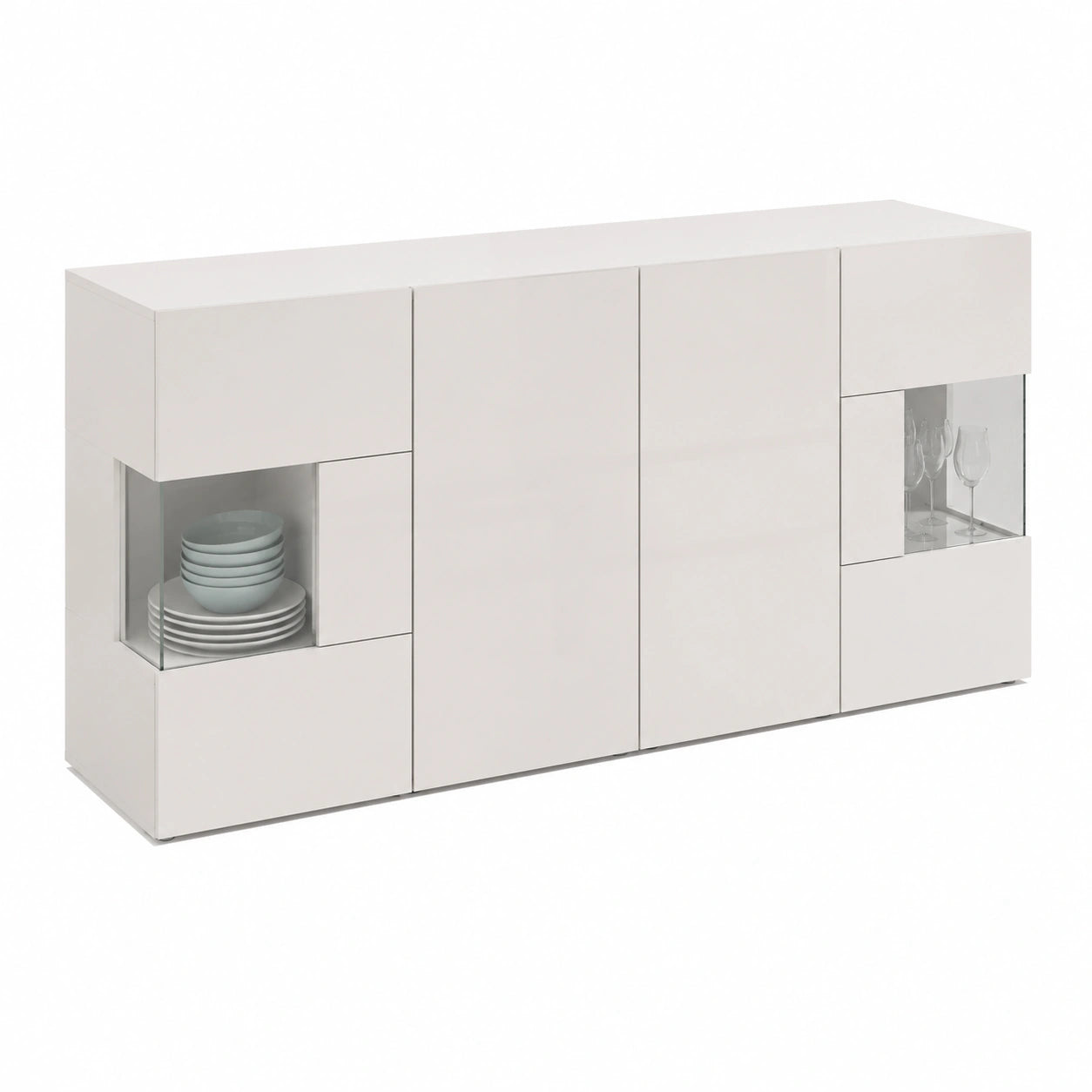 WHOUS Credenza Buffet con 4 Ante, Mobile da Soggiorno in Legno, 180x40x80 cm, Finitura Bianca Lucida
