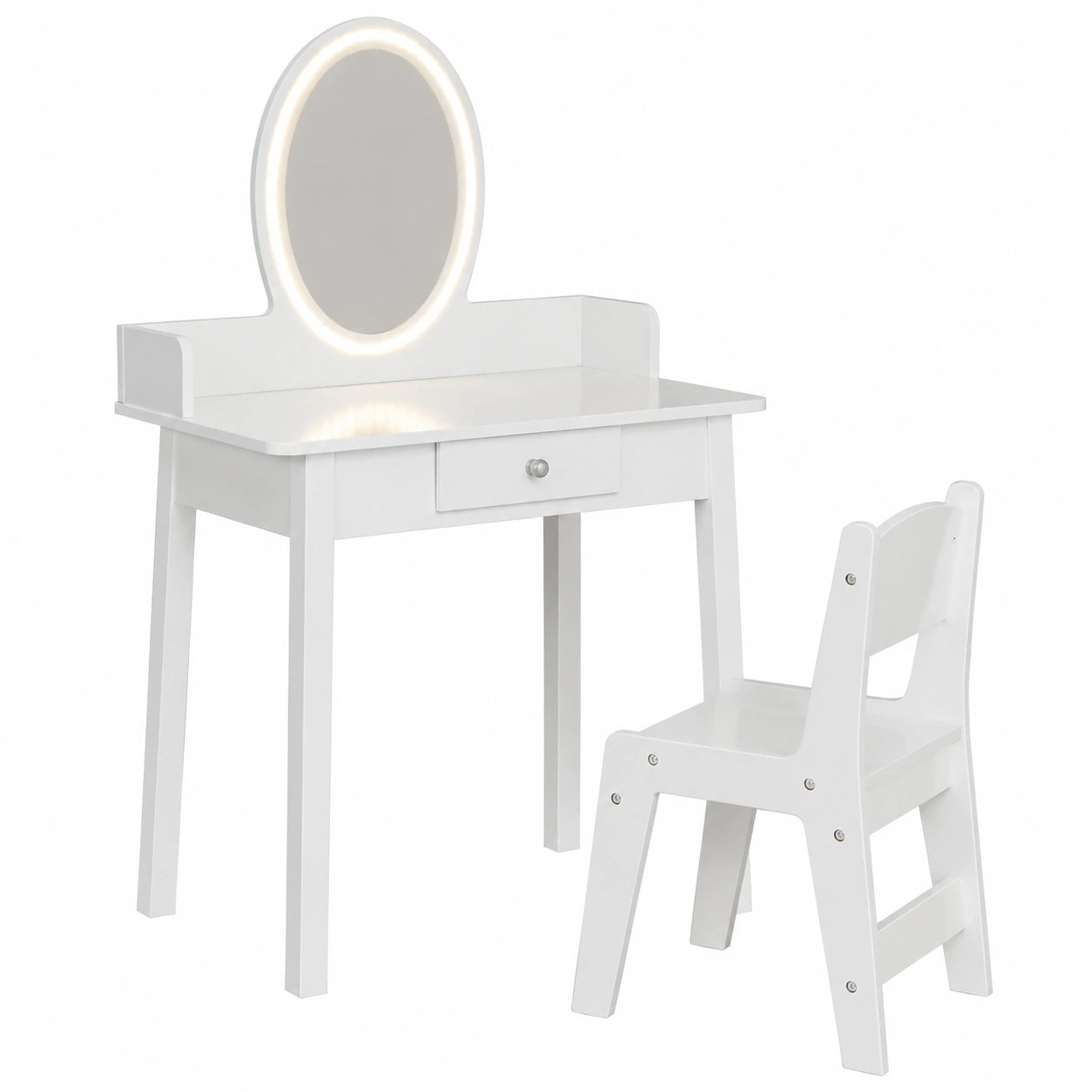 Tavolo da Trucco per Bambini con Specchio LED e Sedia, Completo di Cassetto e Organizer per Ragazze 3-8 Anni