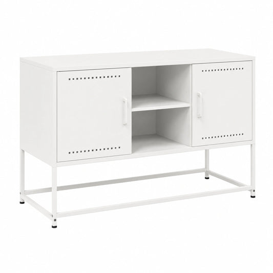 Mobile TV in acciaio bianco con design industriale, 100,5x39x60,5 cm, con vano contenitore per soggiorno e camera