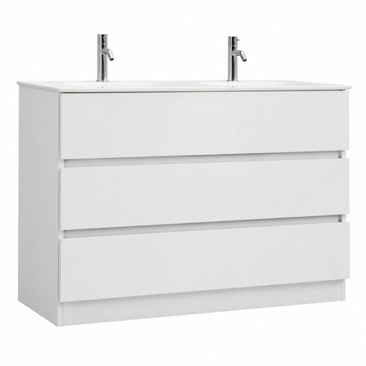 Mobile da Bagno Moderno con Doppio Lavandino e Cassetti - Bianco Lucido, 120 cm