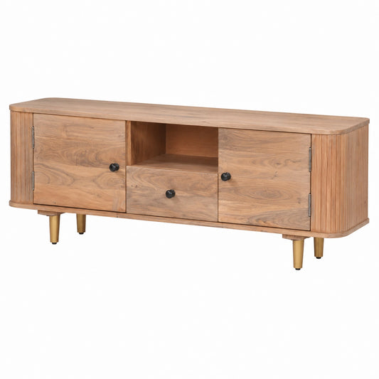 Mobile TV industriale in acacia, 118 x 30 x 40 cm, grigio chiaro, con vano portaoggetti