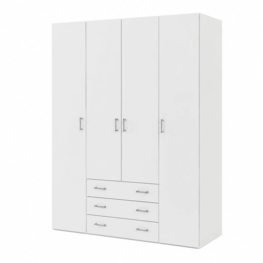 Guardaroba Bianco con 4 Ante e 3 Cassetti, Dimensioni 154x49,5x200,4 cm