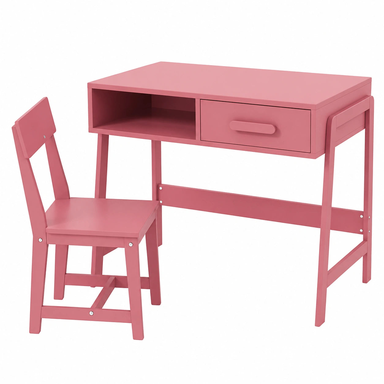 Set Scrivania e Sedia Regolabile per Bambini, con Cassetto e Schienale, in Legno, Ideale per Studio e Gioco, Colore Rosa