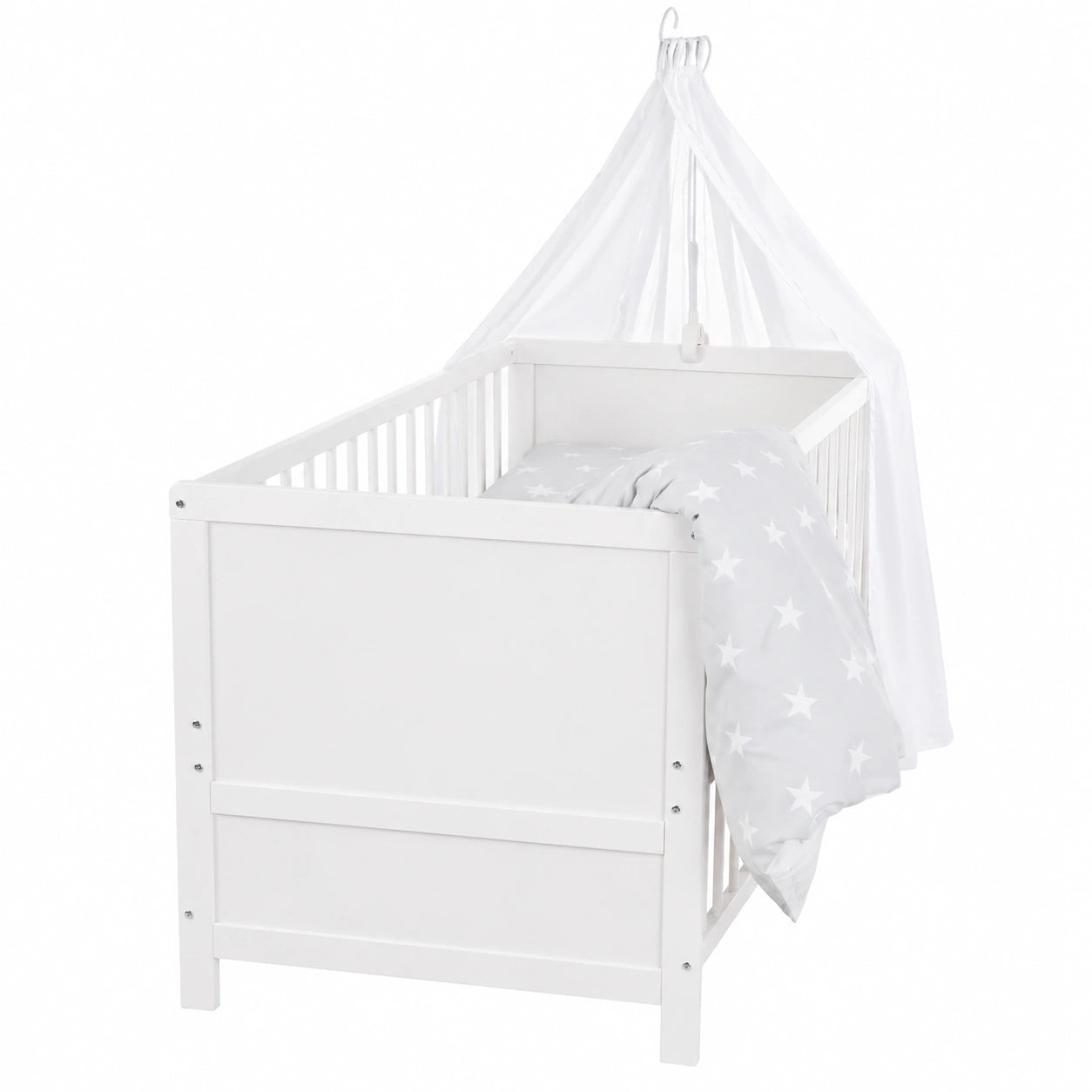Set completo per lettino 'Stelle Grigie' 70x140 cm con materasso, baldacchino e supporto, colore bianco