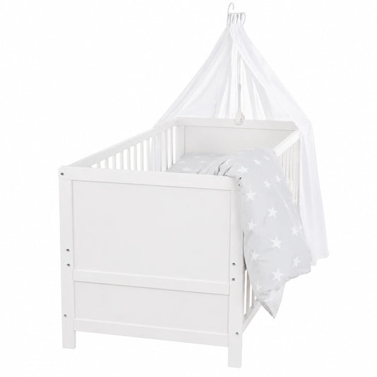 Set completo per lettino 'Stelle Grigie' 70x140 cm con materasso, baldacchino e supporto, colore bianco