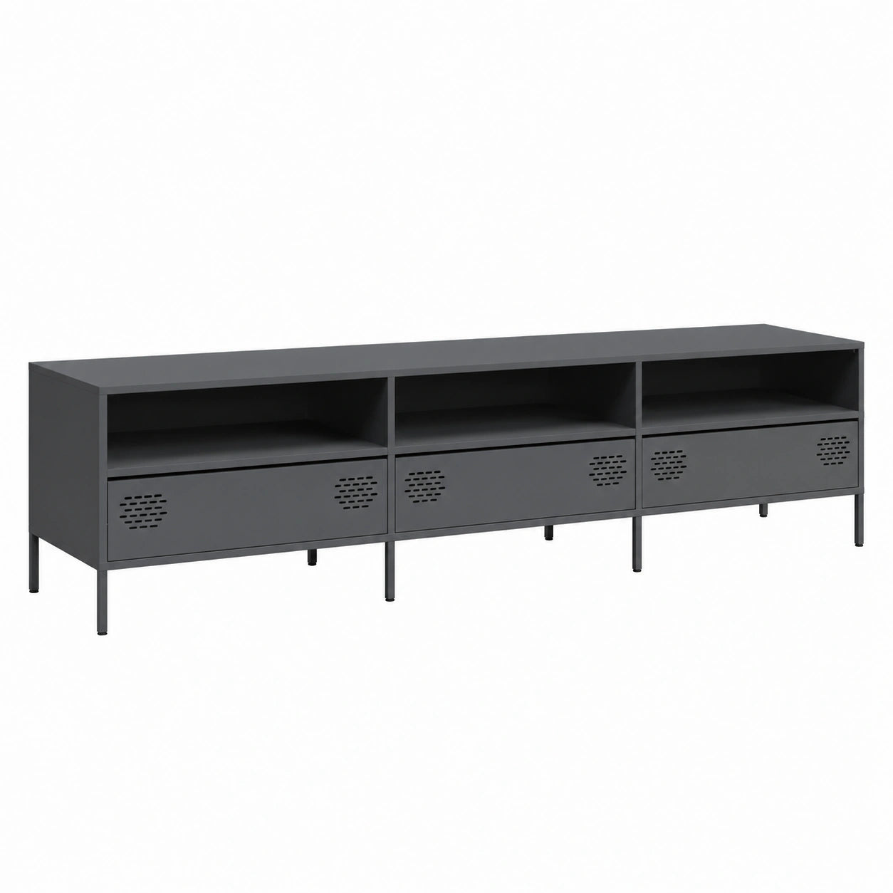 Mobile TV industriale antracite con 3 scomparti e cassetti in acciaio, 202x39x43,5 cm