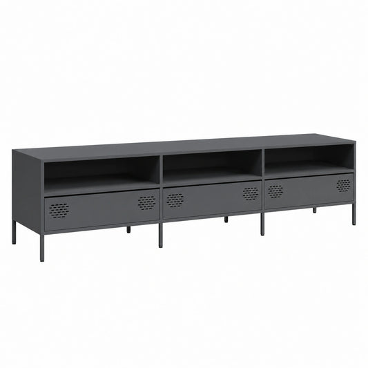 Mobile TV industriale antracite con 3 scomparti e cassetti in acciaio, 202x39x43,5 cm
