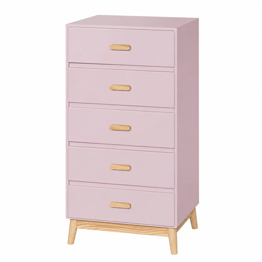 Cassettiera per Bambini con 5 Cassetti in Rosa e Marrone, Design Scandinavo, MDF e Pino, Salvaspazio - 115x50x40 cm