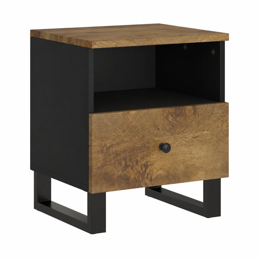 Tavolino da Comodino in Legno di Mango Stile Industriale con Cassetto