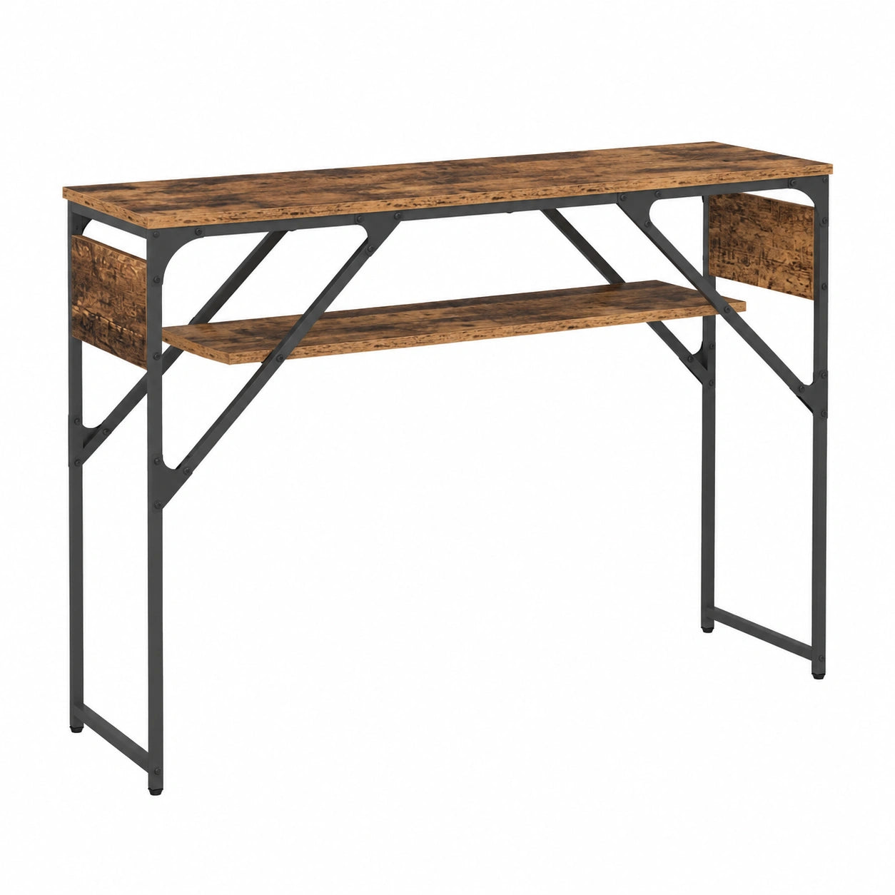 Consolle in legno vintage con ripiani metallici, 105x30x75 cm, stile industriale