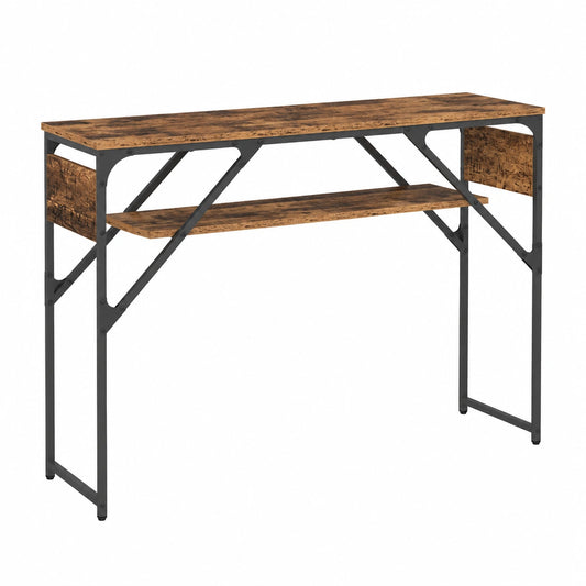 Consolle in legno vintage con ripiani metallici, 105x30x75 cm, stile industriale