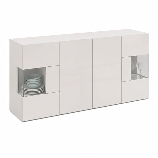 WHOUS Credenza Buffet con 4 Ante, Mobile da Soggiorno in Legno, 180x40x80 cm, Finitura Bianca Lucida