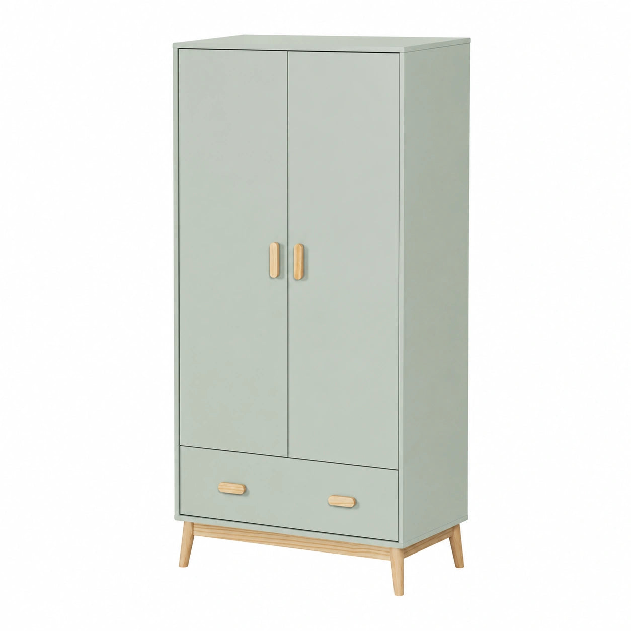 Guardaroba Rebecca per Bambini in MDF e Pino, Verde Acqua e Marrone, con Cassetto e Ante, Design Salvaspazio - 175x80x55 cm
