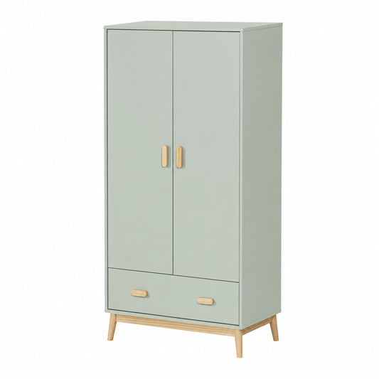 Guardaroba Rebecca per Bambini in MDF e Pino, Verde Acqua e Marrone, con Cassetto e Ante, Design Salvaspazio - 175x80x55 cm